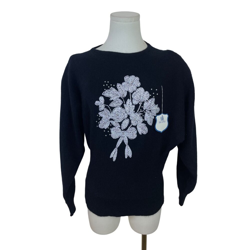 Vintage Designed By Deans Womens Black Beaded Floral Sweater Pullover Sz M - New
